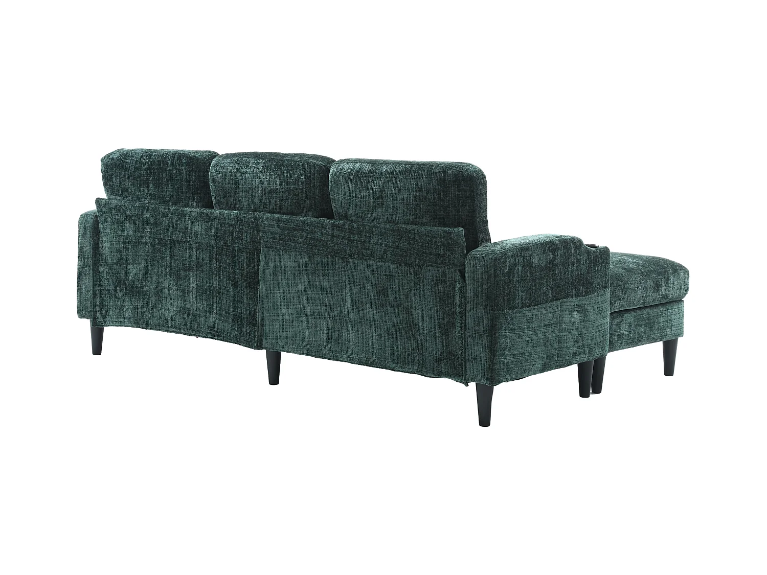 Divano modulare a 4 posti in ciniglia verde smeraldo con pouf contenitore, portabicchieri e tasche laterali - per soggiorno