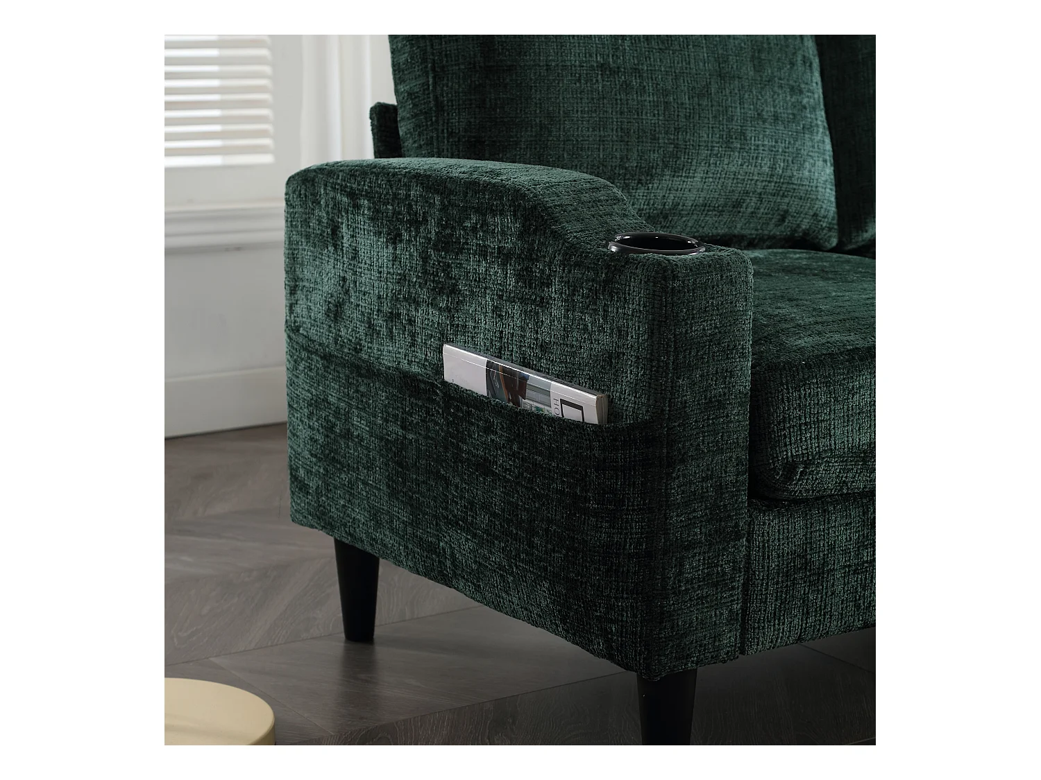 Divano modulare a 4 posti in ciniglia verde smeraldo con pouf contenitore, portabicchieri e tasche laterali - per soggiorno