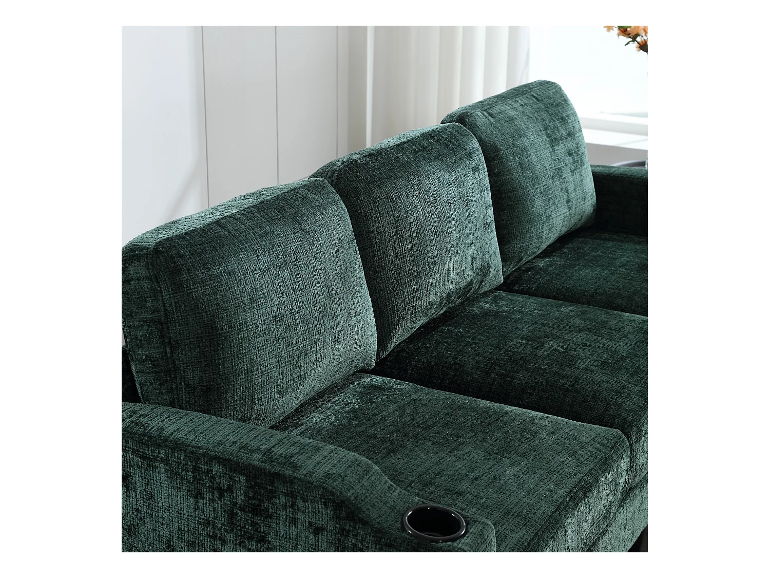 Divano modulare a 4 posti in ciniglia verde smeraldo con pouf contenitore, portabicchieri e tasche laterali - per soggiorno