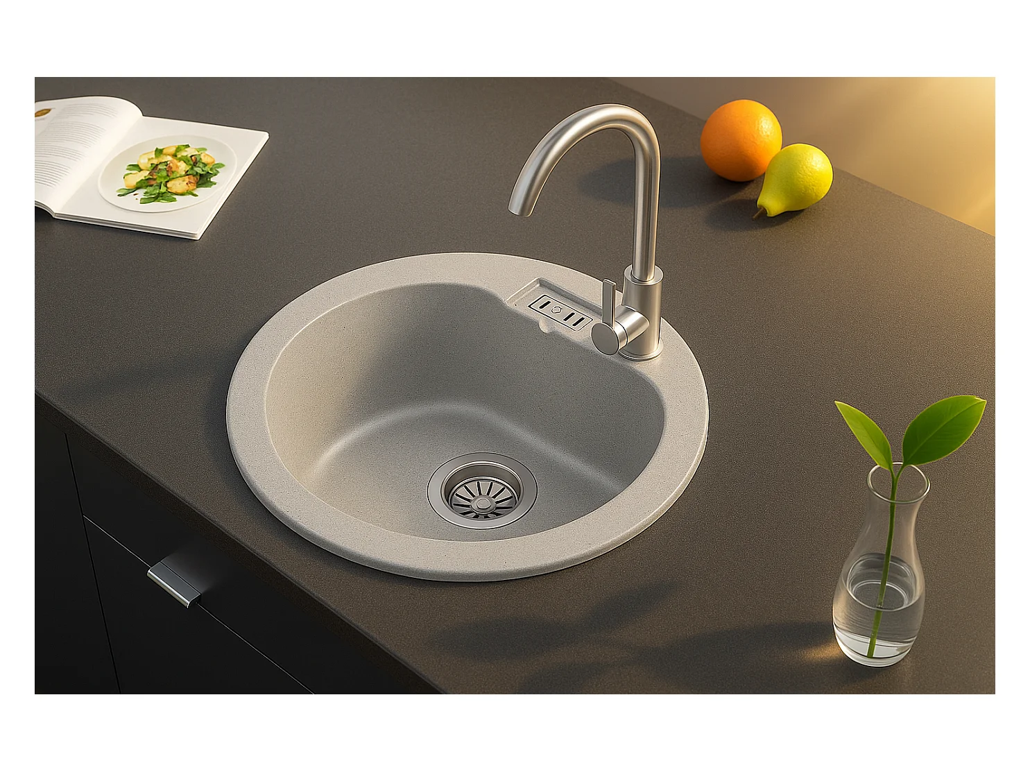 Evier rond NALIBOU GRIS en granit premium - 1 Bac sans égouttoir et vidage inclus