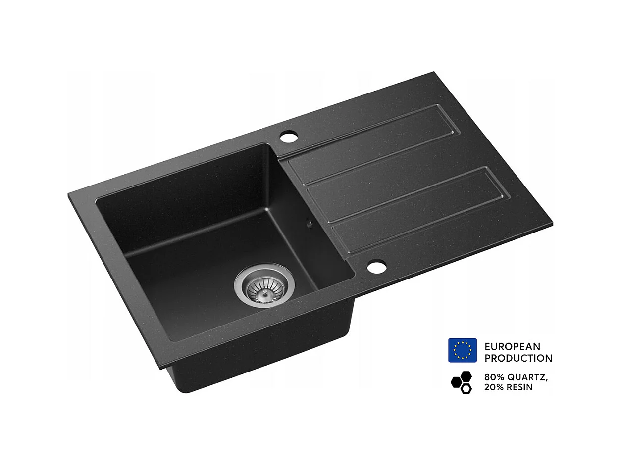 Evier rectangulaire COSTE NOIR en granit premium - 1 Bac avec égouttoir et vidage inclus