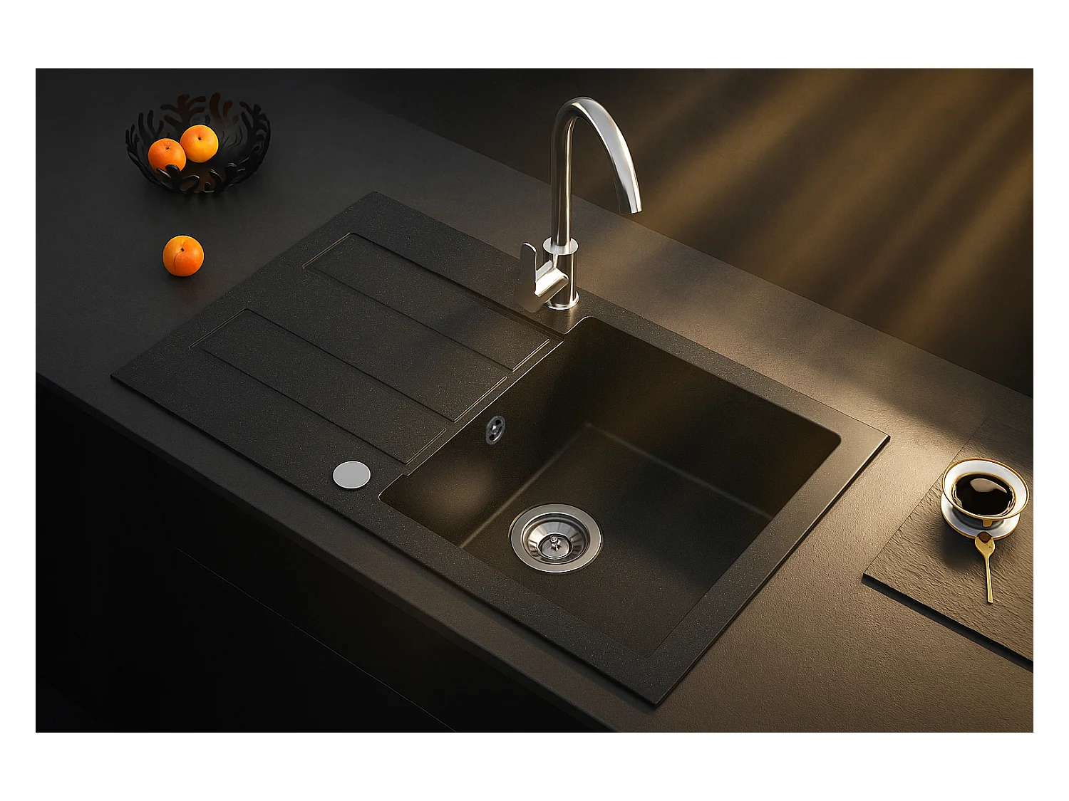 Evier rectangulaire COSTE NOIR en granit premium - 1 Bac avec égouttoir et vidage inclus