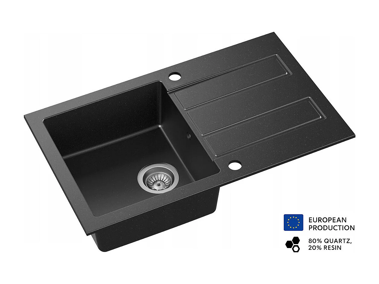 Evier rectangulaire COSTE NOIR en granit premium - 1 Bac avec égouttoir et vidage inclus