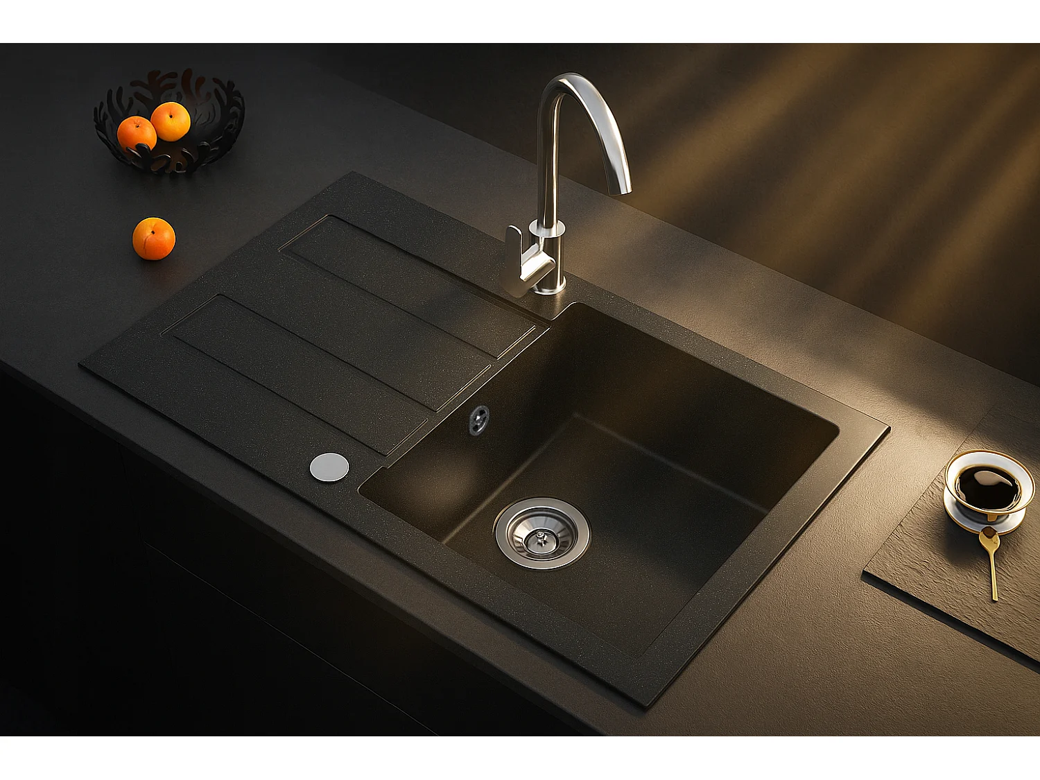 Evier rectangulaire COSTE NOIR en granit premium - 1 Bac avec égouttoir et vidage inclus