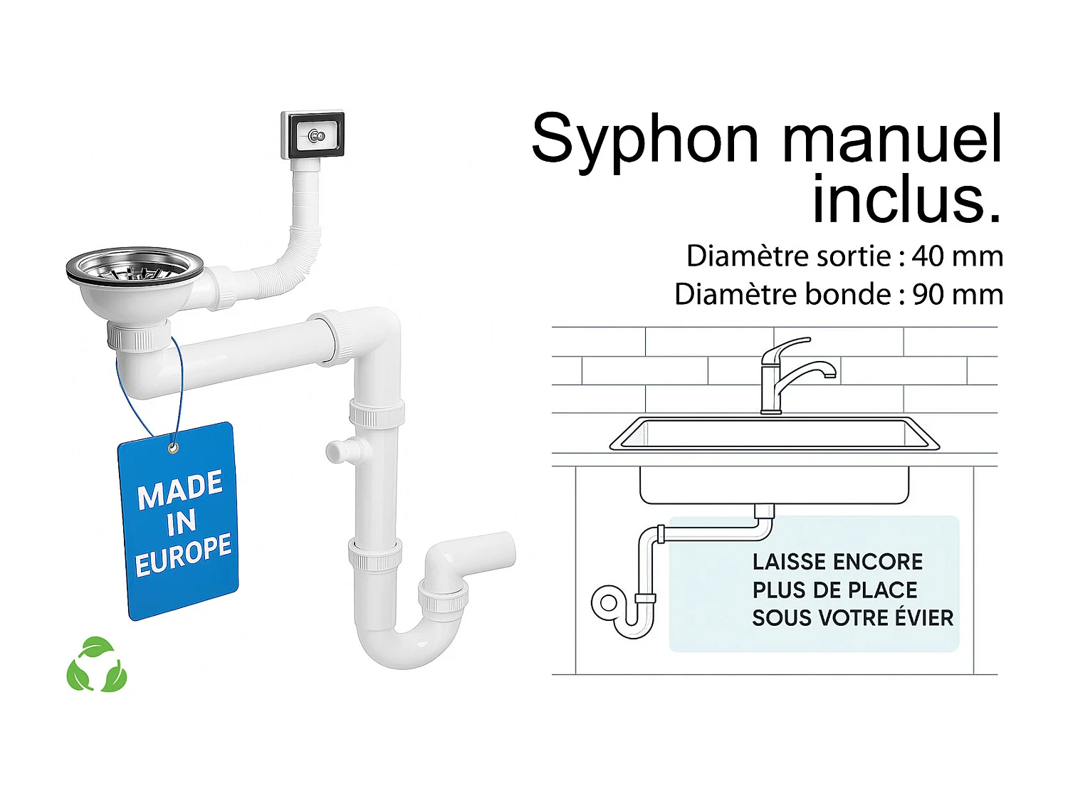 Evier rectangulaire COSTE NOIR en granit premium - 1 Bac avec égouttoir et vidage inclus
