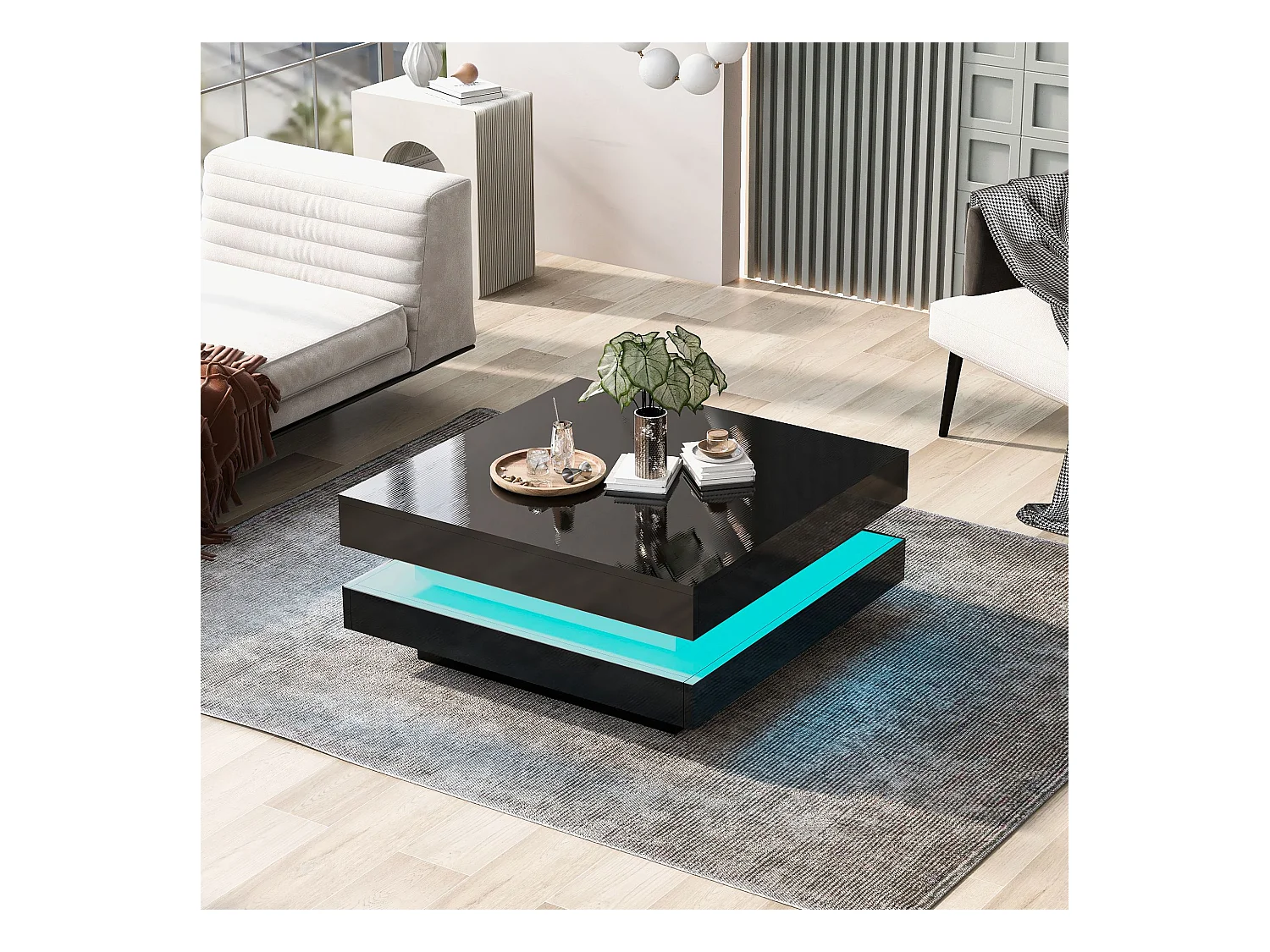 Czarny stolik kawowy, kwadratowy stolik kawowy z oświetleniem LED, nowoczesny design - do salonu i biura