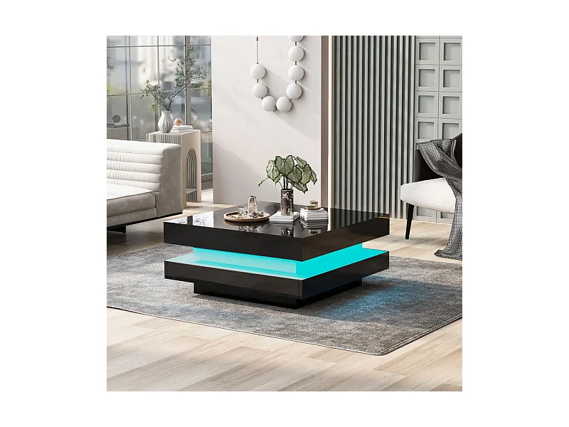 Czarny stolik kawowy, kwadratowy stolik kawowy z oświetleniem LED, nowoczesny design - do salonu i biura