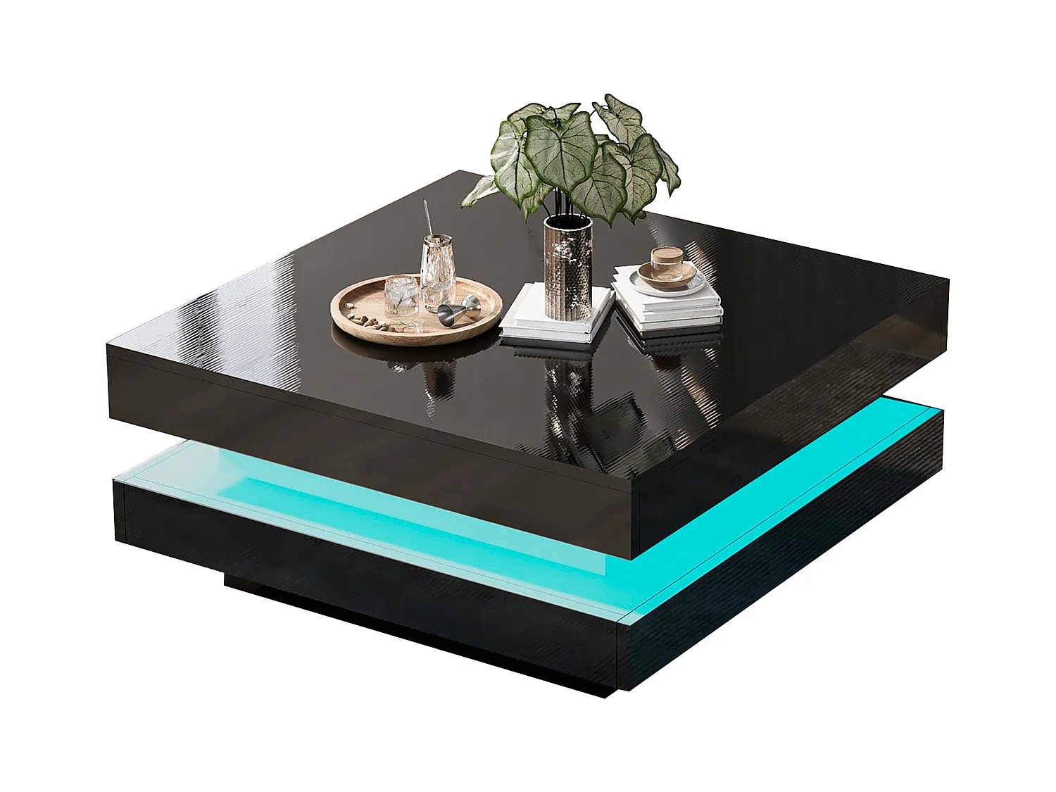 Czarny stolik kawowy, kwadratowy stolik kawowy z oświetleniem LED, nowoczesny design - do salonu i biura