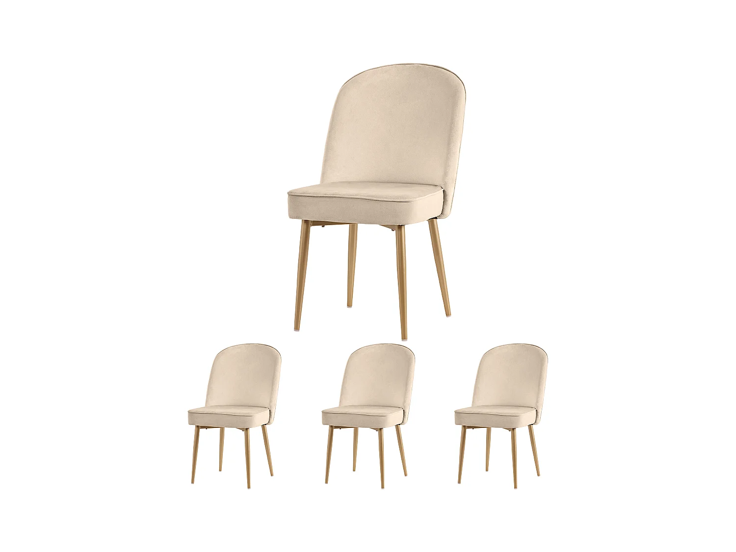 Lot de 4 chaises en velours beige, avec dossier courbé, pieds dorés - pour salle à manger et salon