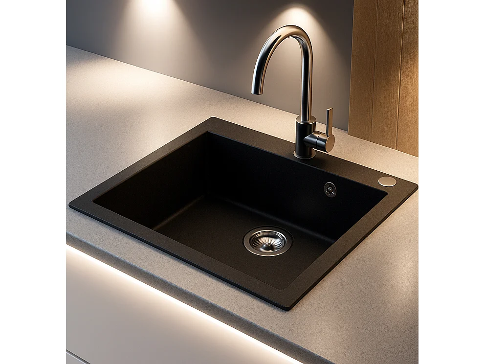 Evier rectangulaire NOITO NOIR en granit premium - 1 Bac sans égouttoir et vidage inclus