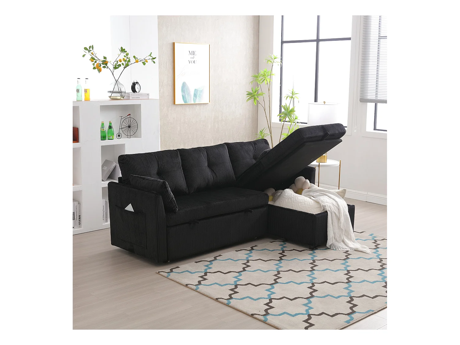 Canapé d'angle convertible, peluche noir, avec rangement et méridienne gigogne - pour salon ou studio