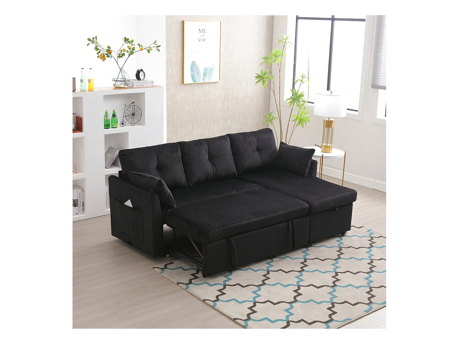 Canapé d'angle convertible, peluche noir, avec rangement et méridienne gigogne - pour salon ou studio