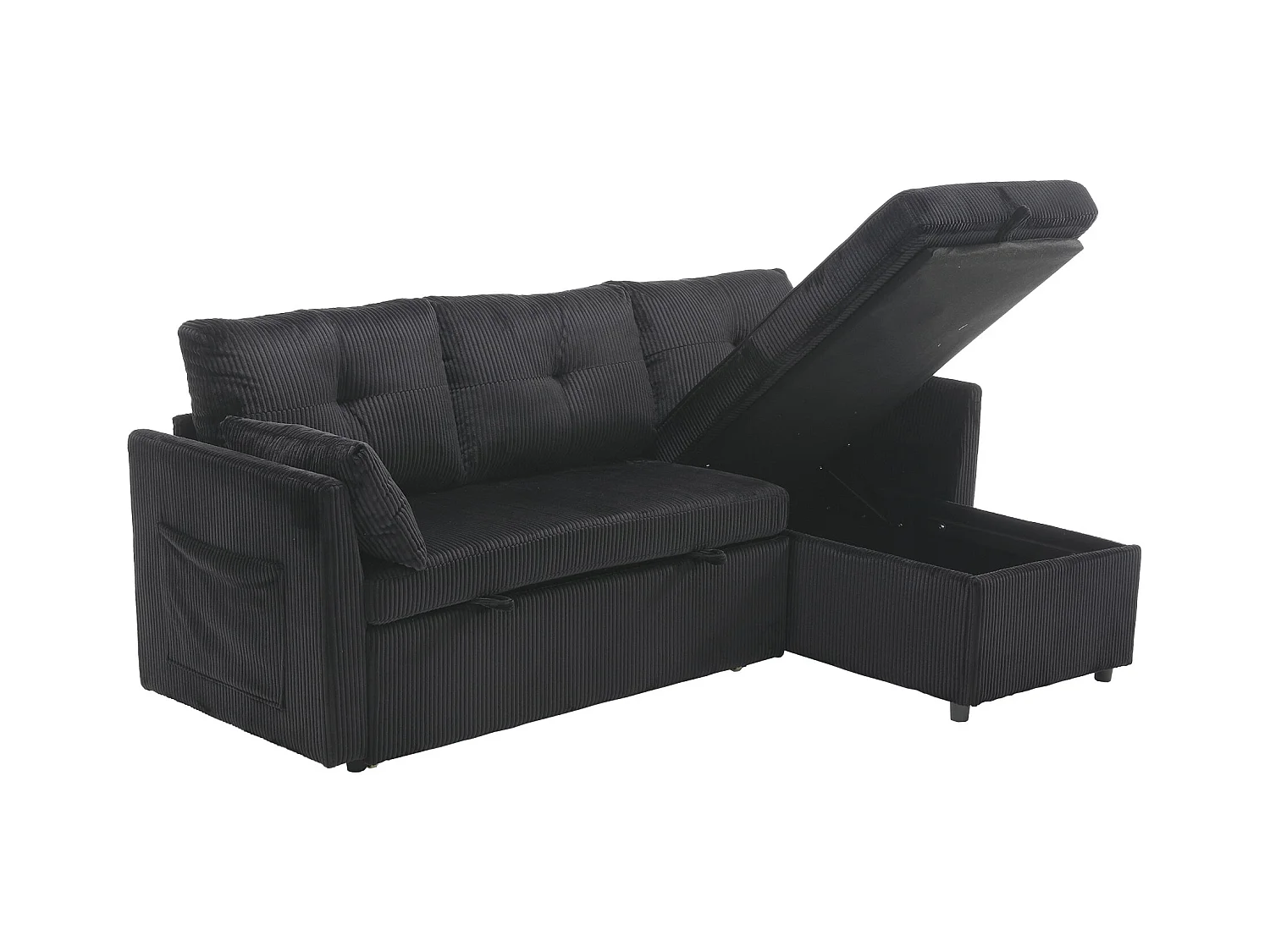 Canapé d'angle convertible, peluche noir, avec rangement et méridienne gigogne - pour salon ou studio