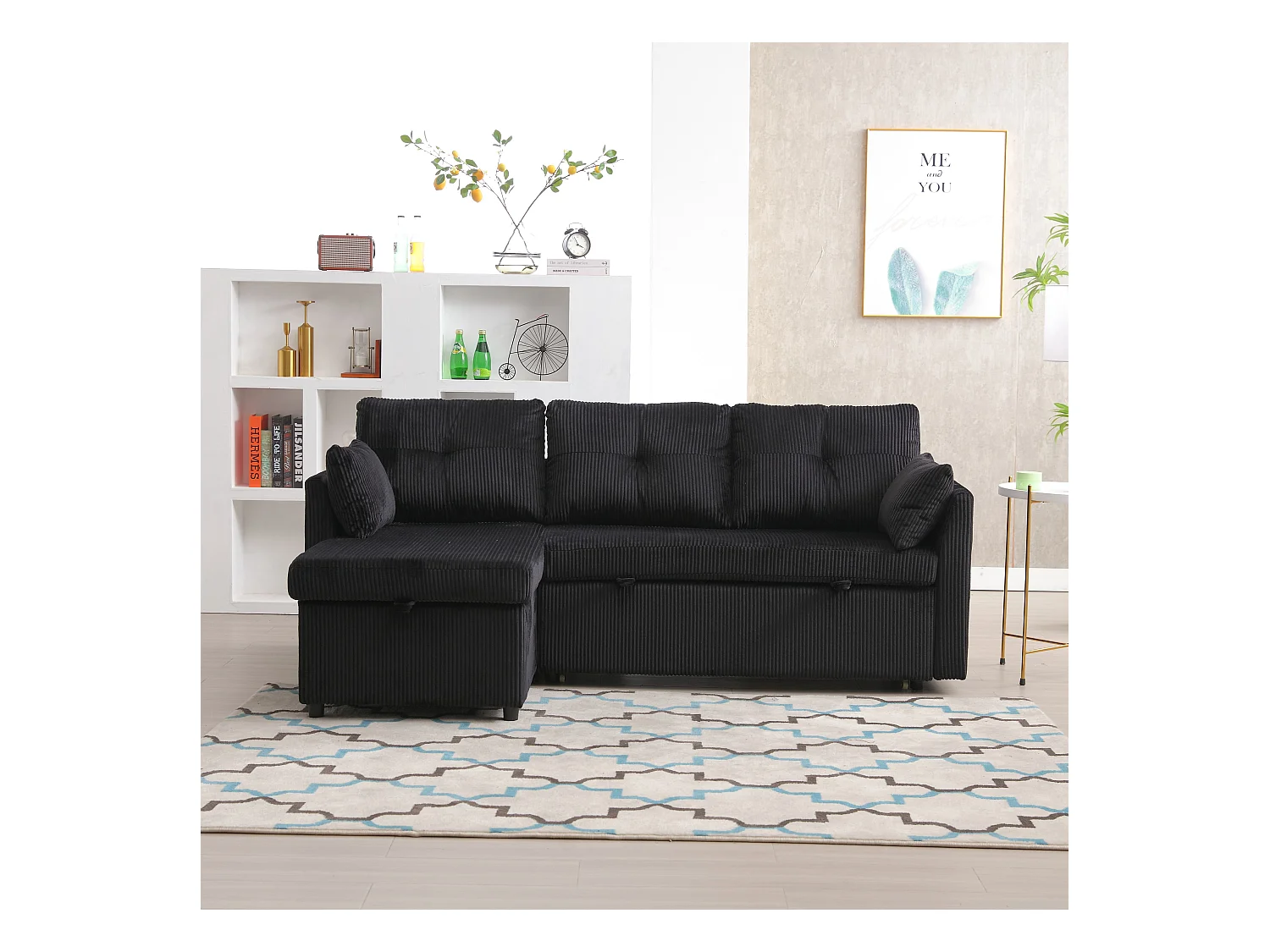 Canapé d'angle convertible, peluche noir, avec rangement et méridienne gigogne - pour salon ou studio