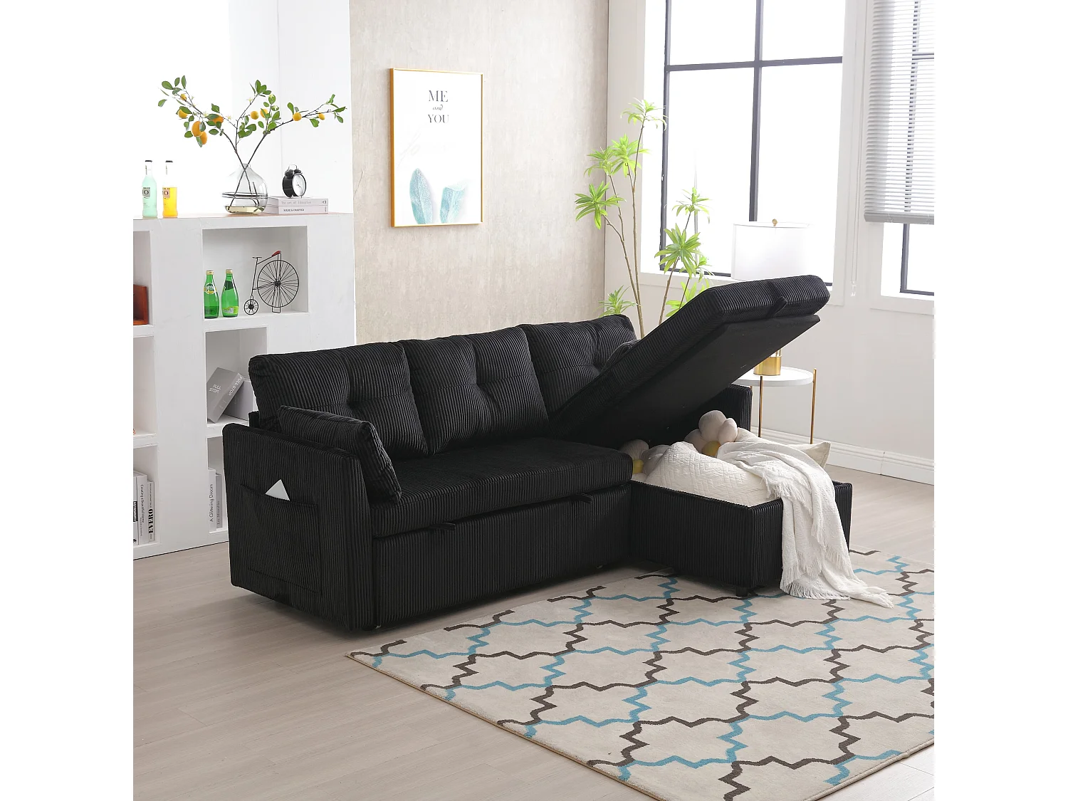 Schwarzes, kuscheliges Ecksofa mit Stauraum und ausziehbarer Chaiselongue – für Wohnzimmer oder Arbeitszimmer