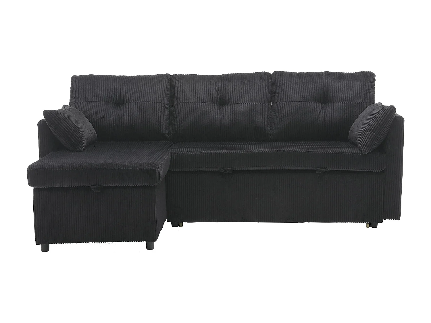 Schwarzes, kuscheliges Ecksofa mit Stauraum und ausziehbarer Chaiselongue – für Wohnzimmer oder Arbeitszimmer