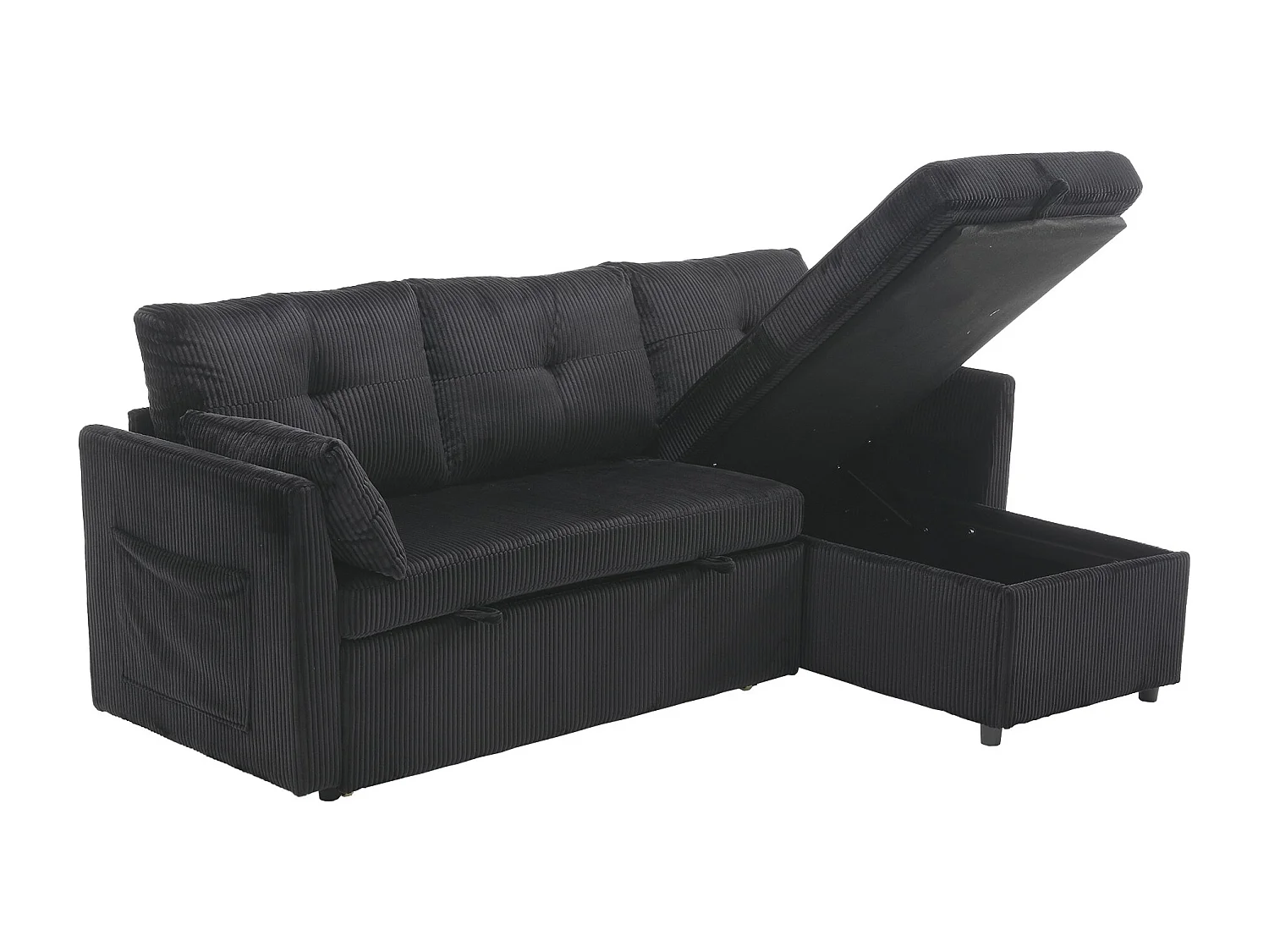 Schwarzes, kuscheliges Ecksofa mit Stauraum und ausziehbarer Chaiselongue – für Wohnzimmer oder Arbeitszimmer