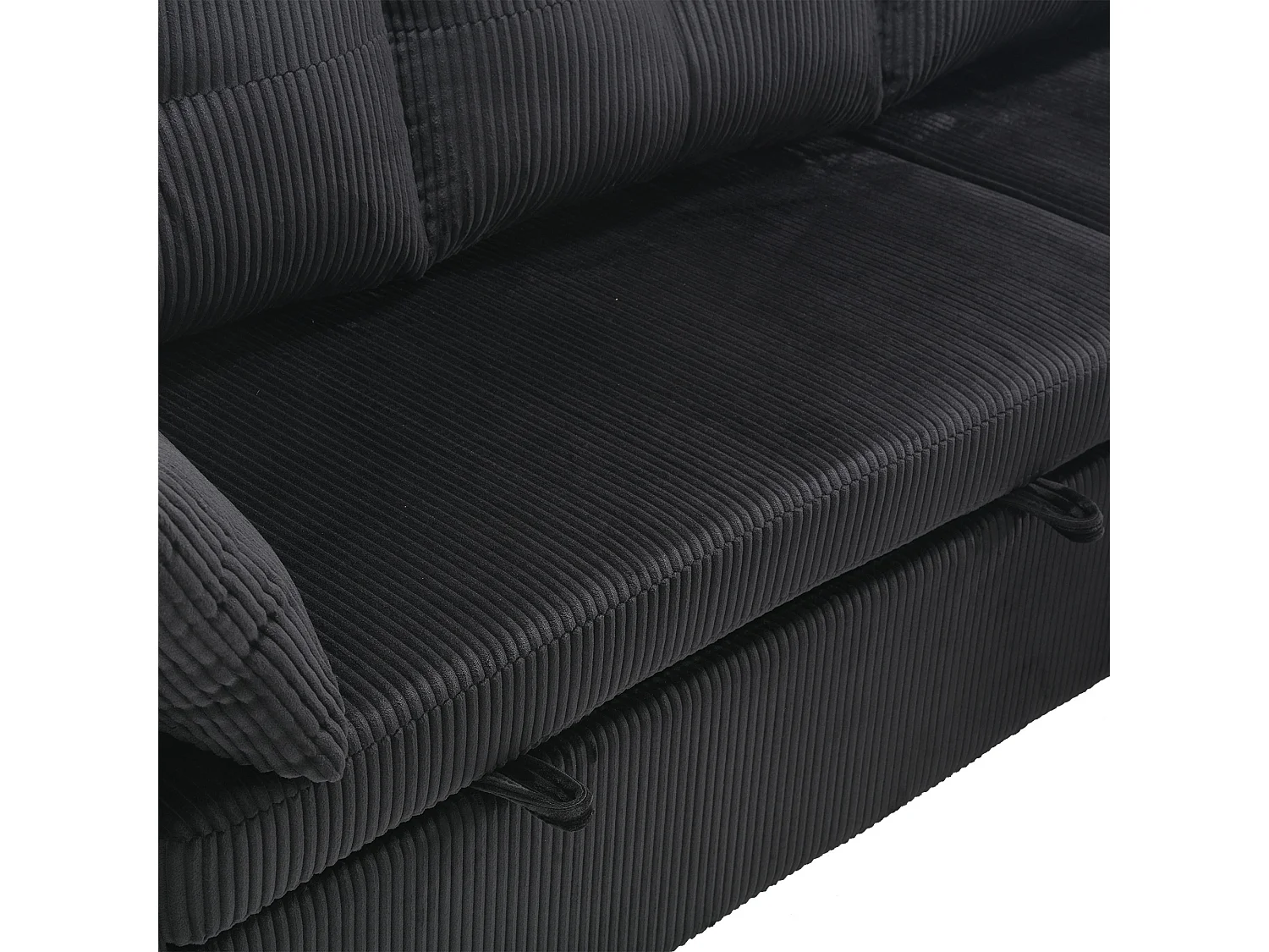 Schwarzes, kuscheliges Ecksofa mit Stauraum und ausziehbarer Chaiselongue – für Wohnzimmer oder Arbeitszimmer