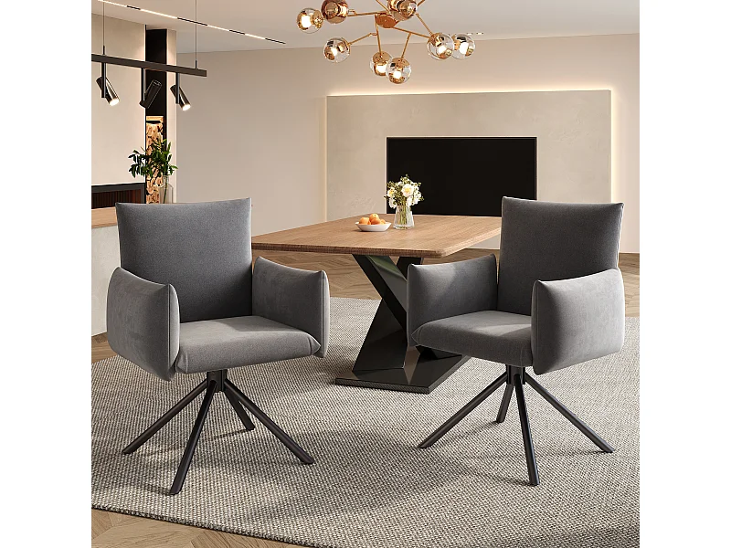 Set van 2 draaistoelen, grijs fluweel, met armleuningen en metalen poten - voor eetkamer en kantoor
