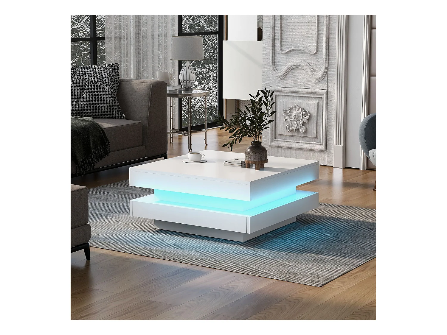 Table basse blanc, Table basse carrée avec éclairage LED , design moderne  - pour  salon et bureau