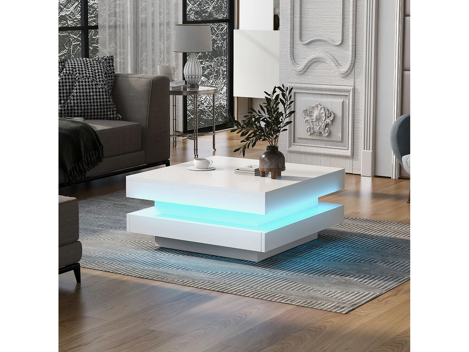 Table basse blanc, Table basse carrée avec éclairage LED , design moderne  - pour  salon et bureau