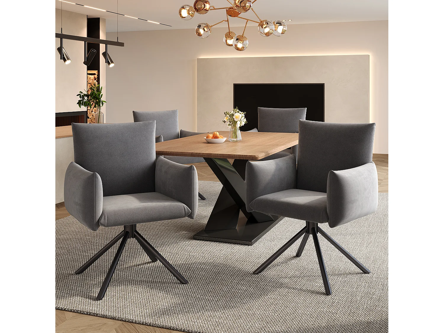 Set van 4 draaistoelen, grijs fluweel, met armleuningen en metalen poten - voor eetkamer en kantoor