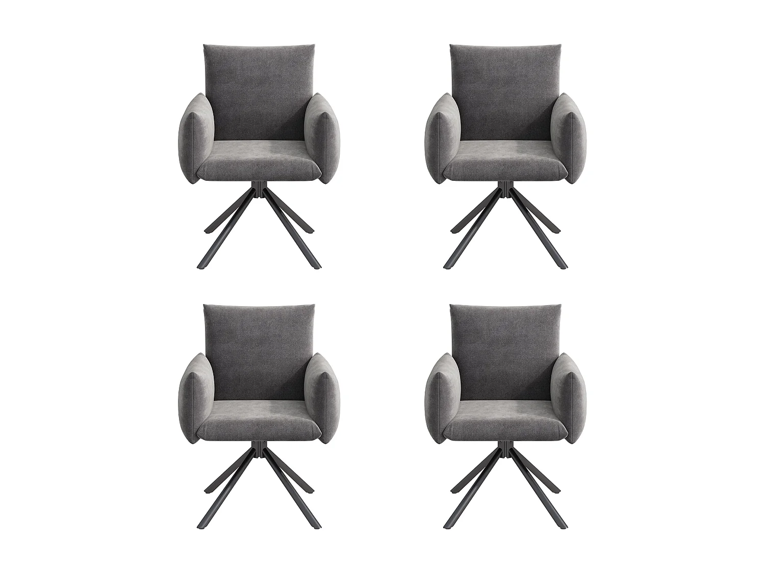 Set van 4 draaistoelen, grijs fluweel, met armleuningen en metalen poten - voor eetkamer en kantoor