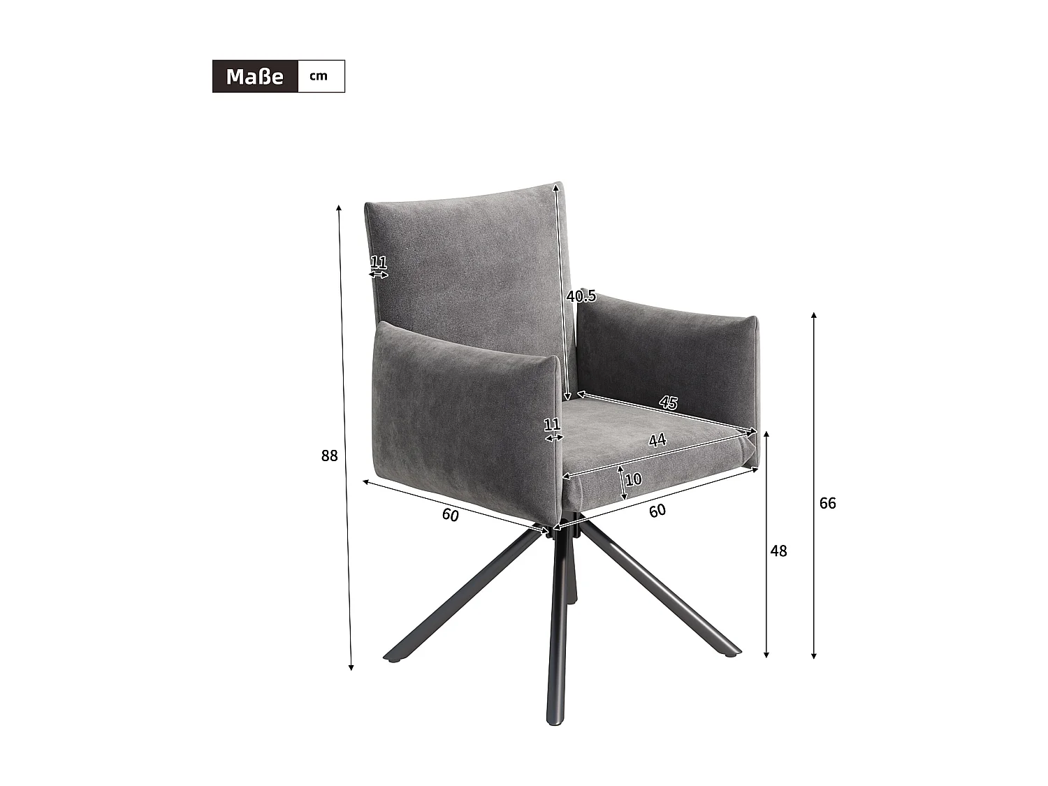 Set van 4 draaistoelen, grijs fluweel, met armleuningen en metalen poten - voor eetkamer en kantoor