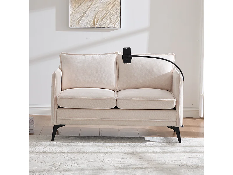 Beigefarbenes 2-Sitzer-Sofa aus Chenille mit Seitentaschen, Ladeanschluss und Handyhalterung – für Wohn- und Schlafzimmer