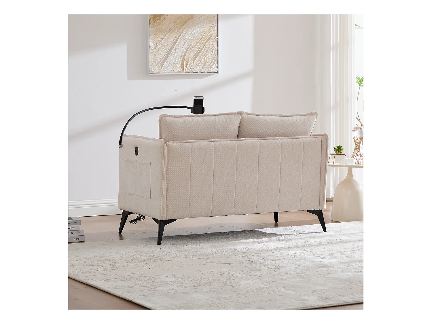 Canapé 2 places avec poches latérales, port de charge et support de téléphone, chenille beige - pour salon et chambre