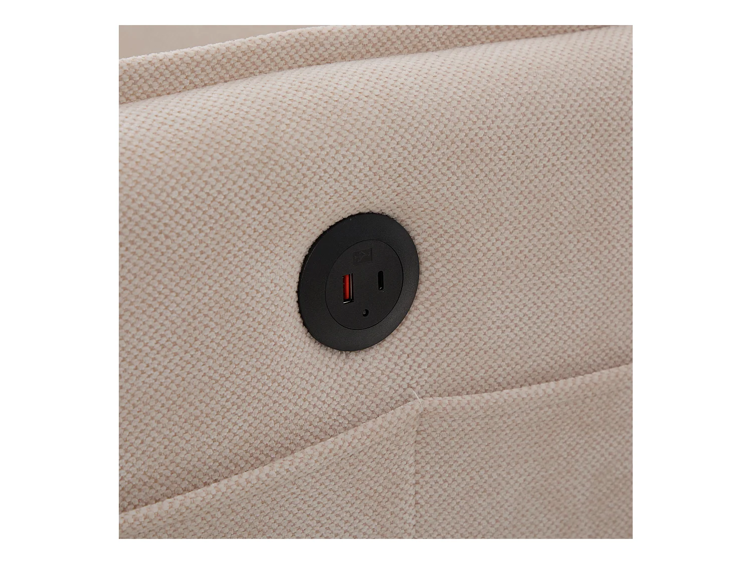 Canapé 2 places avec poches latérales, port de charge et support de téléphone, chenille beige - pour salon et chambre