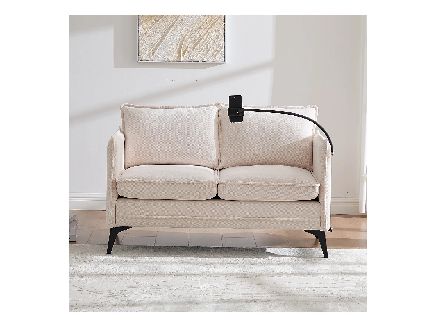 Beige chenille tweezitsbank met zijzakken, oplaadpoort en telefoonhouder - voor woonkamer en slaapkamer