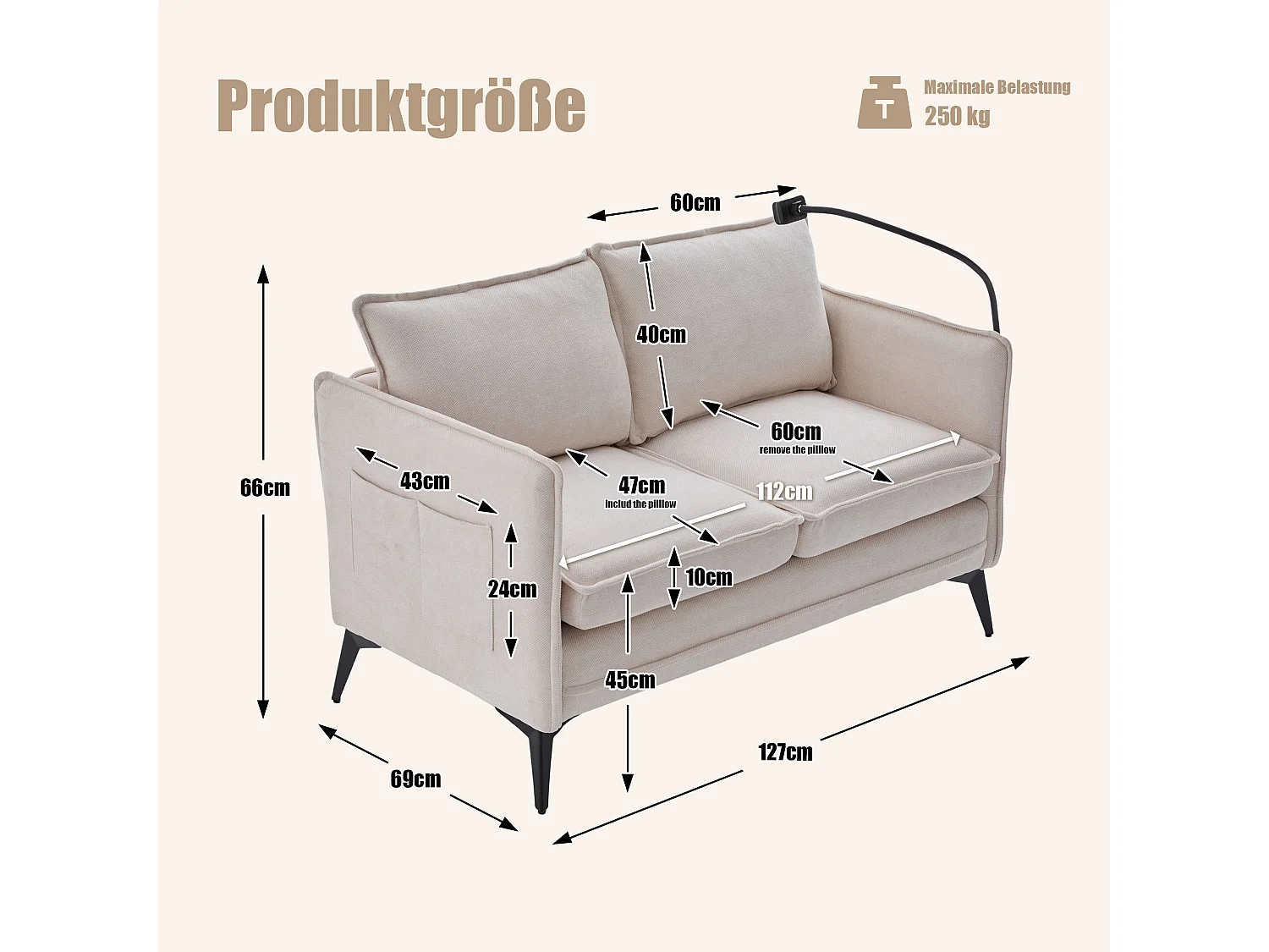 Canapé 2 places avec poches latérales, port de charge et support de téléphone, chenille beige - pour salon et chambre