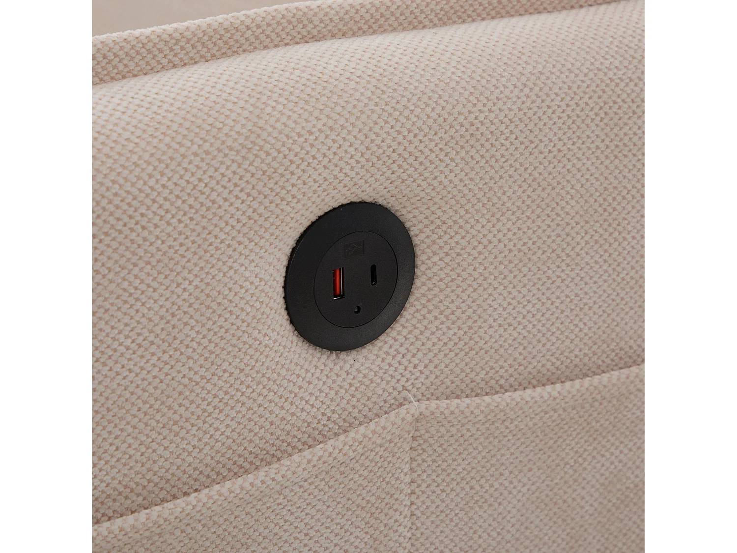 Canapé 2 places avec poches latérales, port de charge et support de téléphone, chenille beige - pour salon et chambre