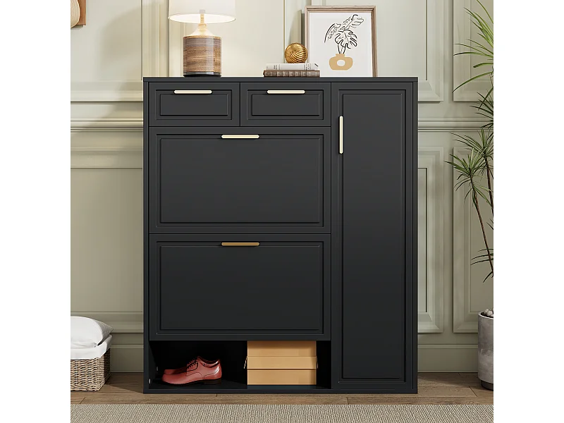 Czarna szafka na buty z regulowanymi półkami, szufladami i drzwiczkami oraz złotymi uchwytami – do przedpokoju