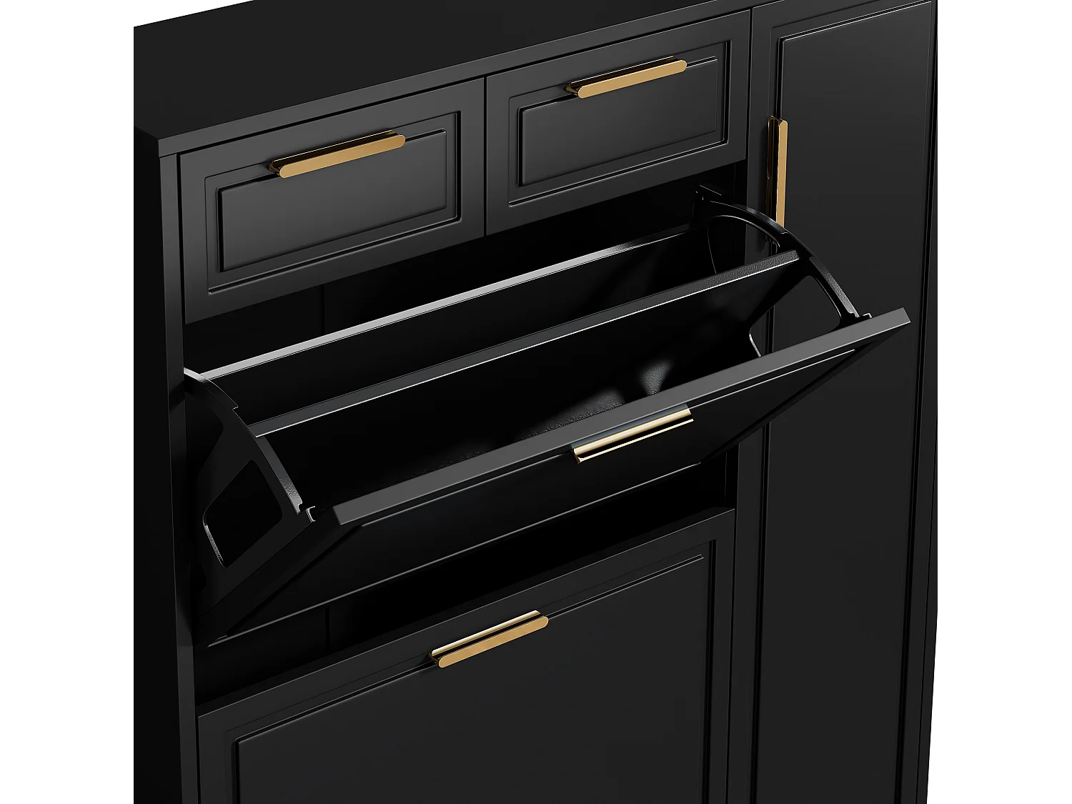 Czarna szafka na buty z regulowanymi półkami, szufladami i drzwiczkami oraz złotymi uchwytami – do przedpokoju