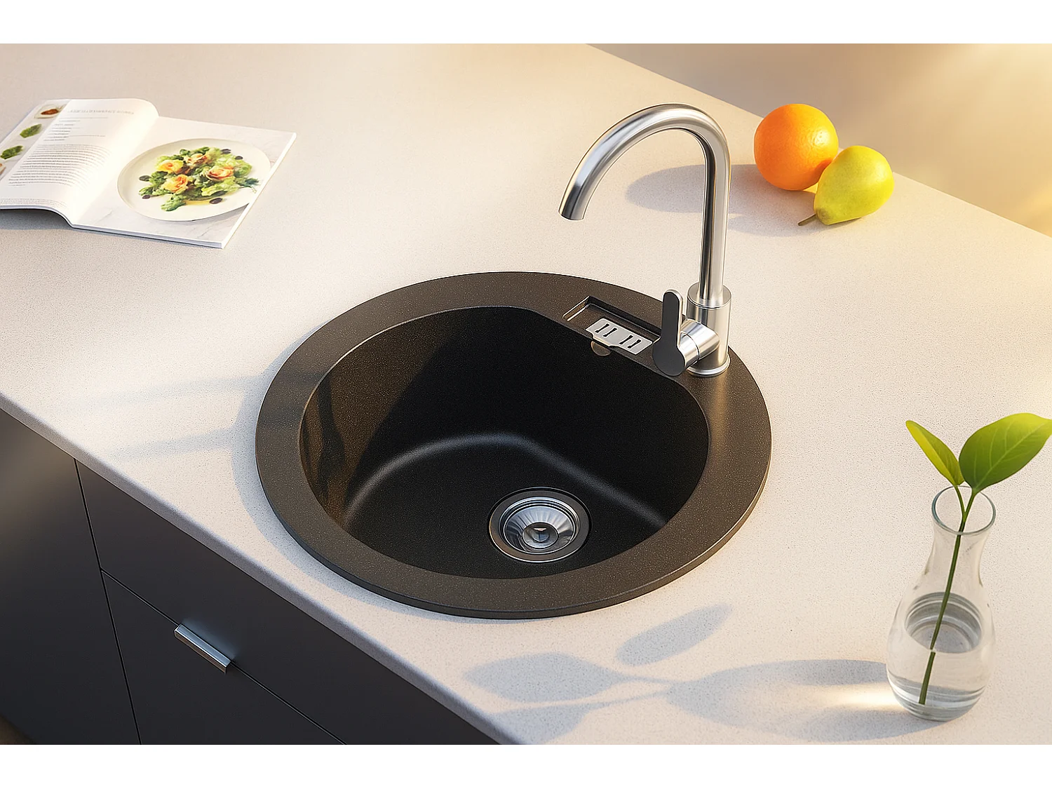 Evier rond NALIBOU NOIR en granit premium - 1 Bac sans égouttoir et vidage inclus