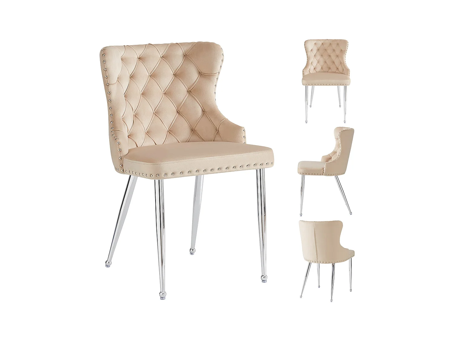 Zestaw 4 beżowych, welurowych krzeseł do jadalni z pikowanymi oparciami i srebrnymi nogami – nowoczesny design