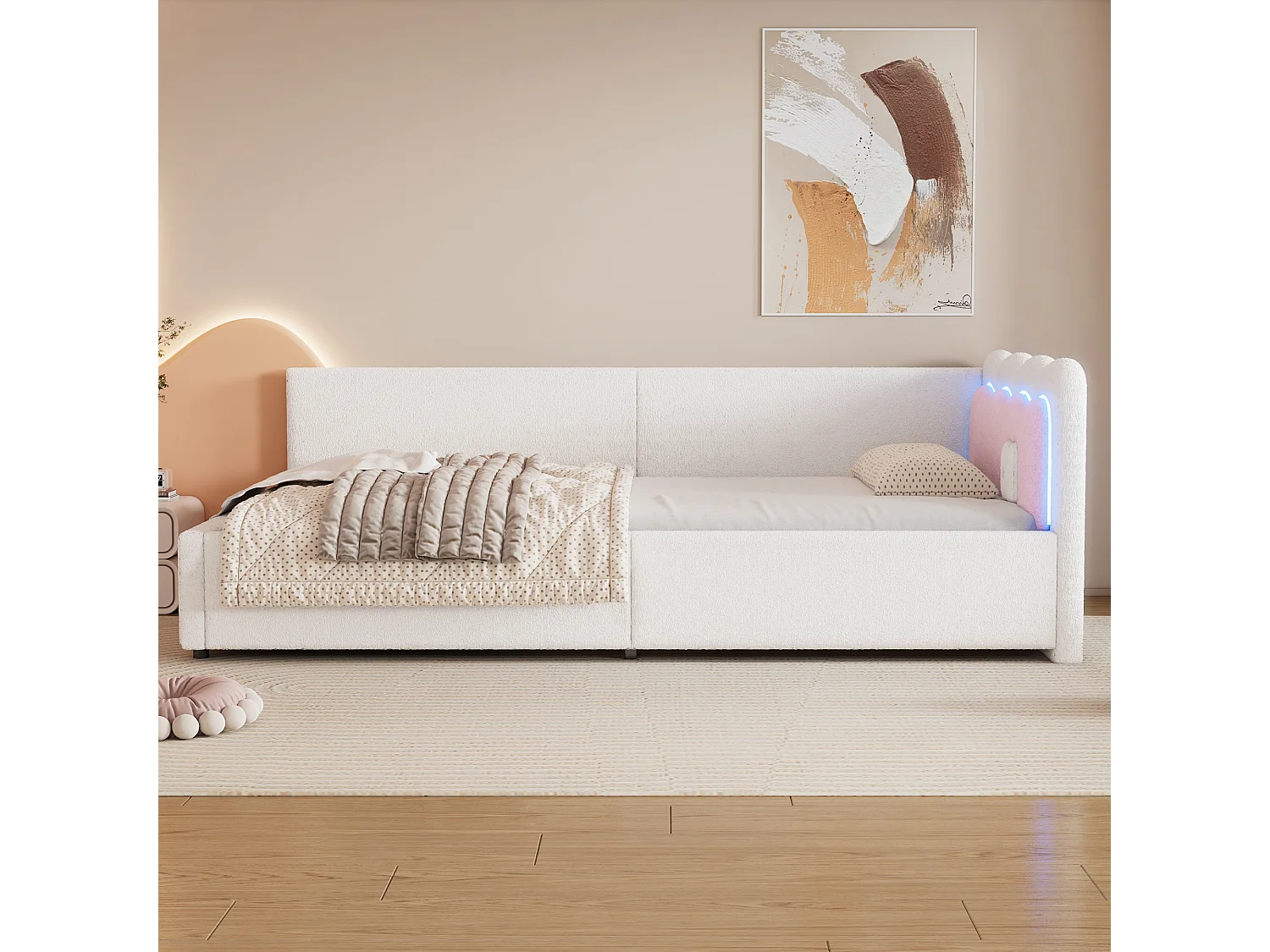 Tagesbett 90 x 200 cm, Kinderbett mit verstellbarer LED-Beleuchtung, weißer Plüsch, ohne Matratze