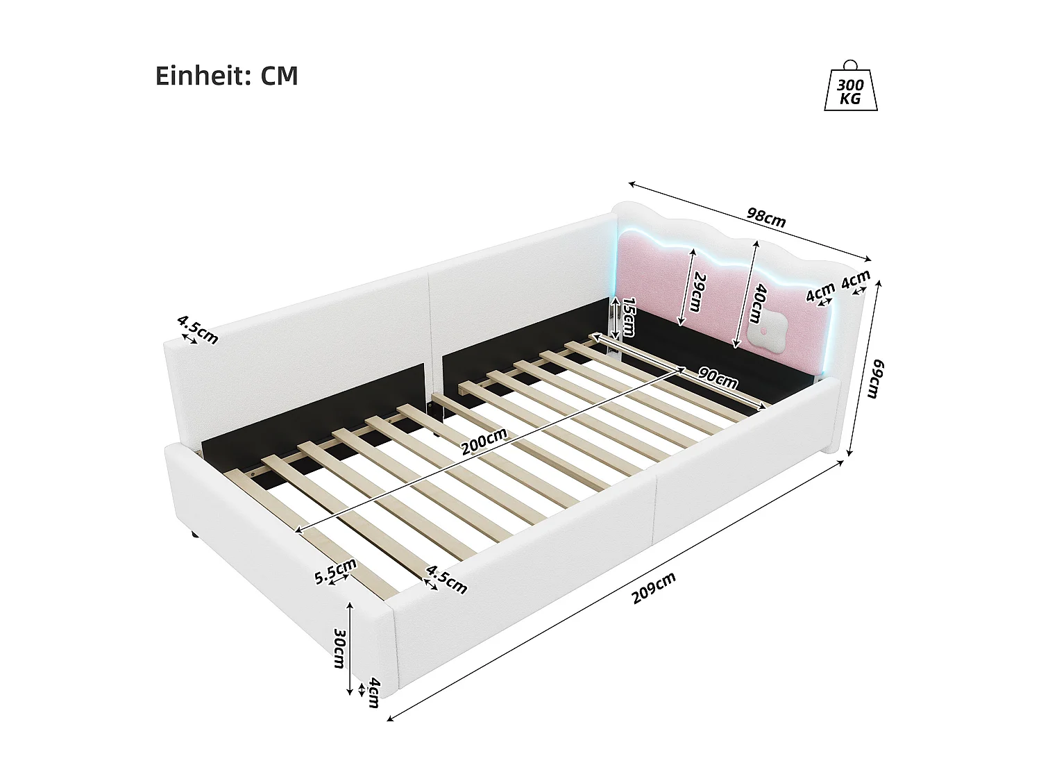 Tagesbett 90 x 200 cm, Kinderbett mit verstellbarer LED-Beleuchtung, weißer Plüsch, ohne Matratze