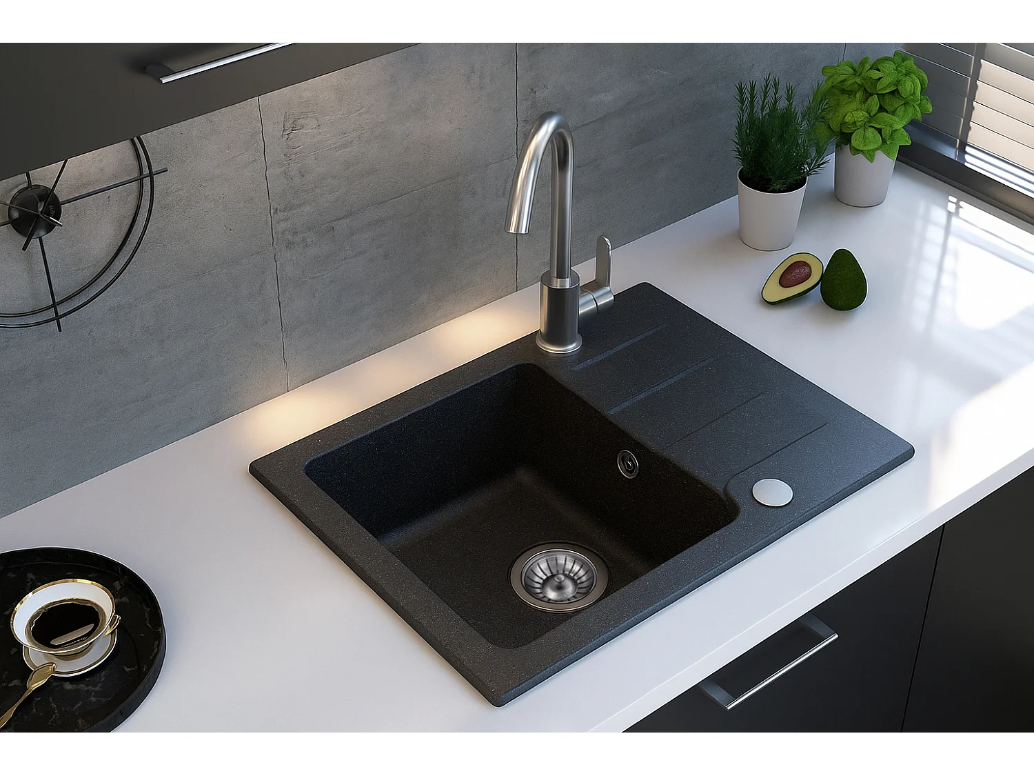 Evier rectangulaire RIVE NOIR en granit premium - 1 Bac avec égouttoir et vidage inclus