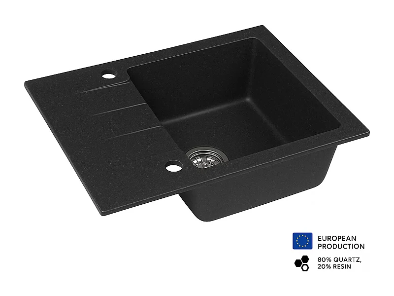 Evier rectangulaire RIVE NOIR en granit premium - 1 Bac avec égouttoir et vidage inclus