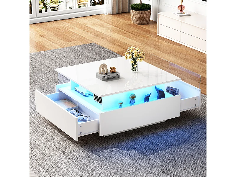 Table basse LED blanche avec 2 tiroirs et déflecteur transparent - pour  salon et bureau