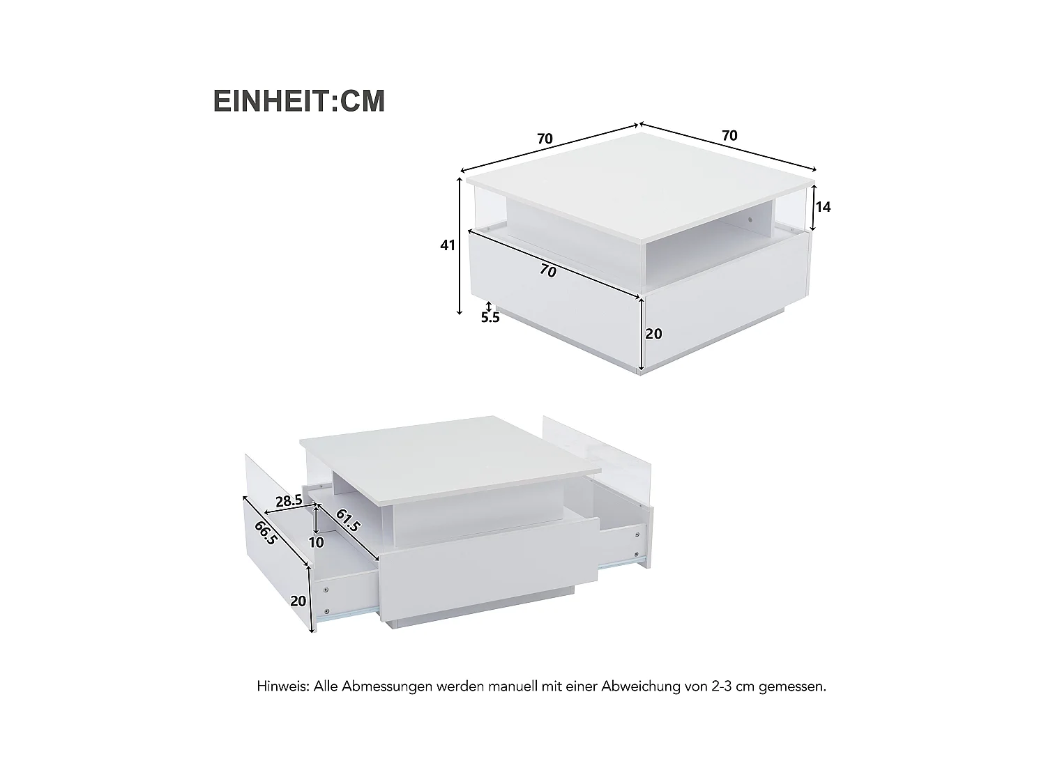 Table basse LED blanche avec 2 tiroirs et déflecteur transparent - pour  salon et bureau