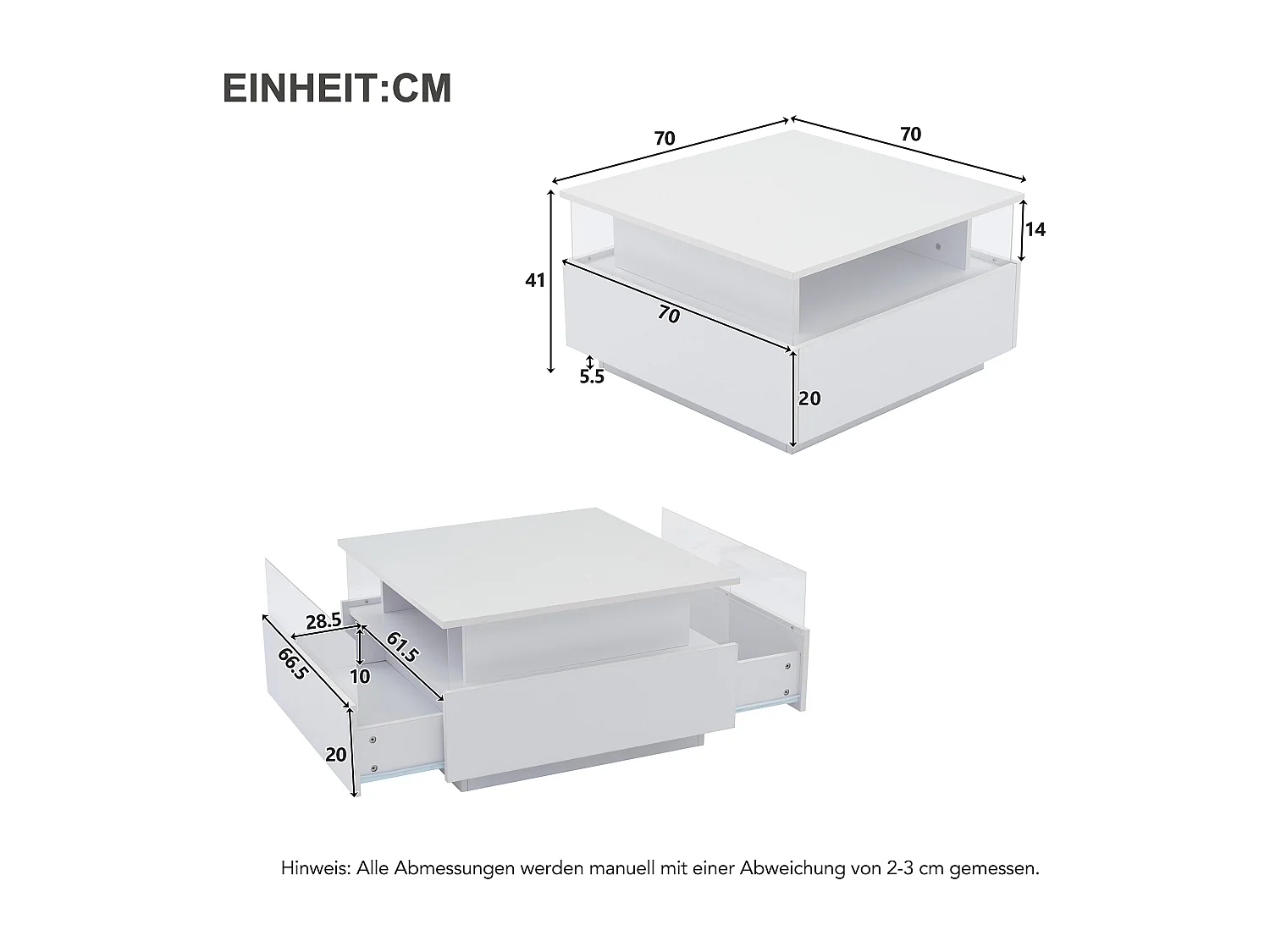 Table basse LED blanche avec 2 tiroirs et déflecteur transparent - pour  salon et bureau