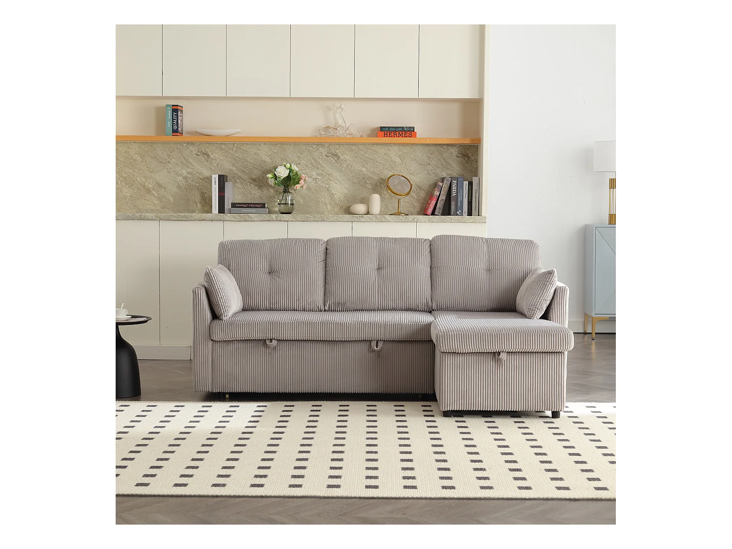 Canapé d'angle convertible, peluche gris, avec rangement et méridienne gigogne - pour salon ou studio