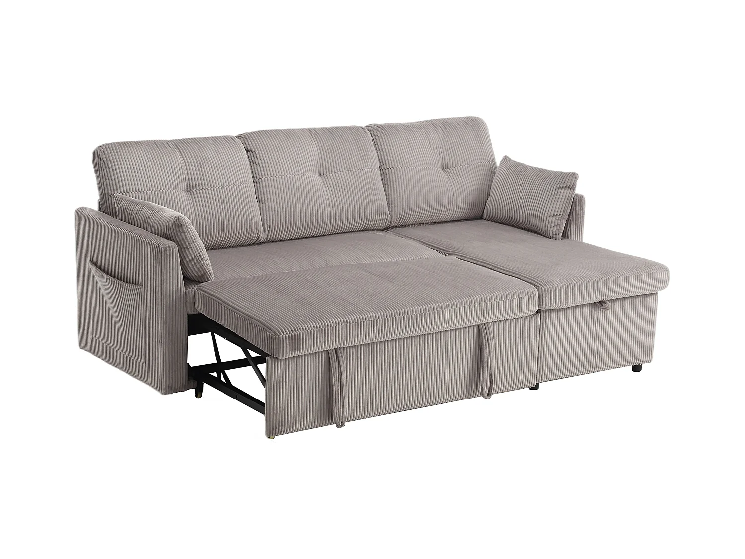 Canapé d'angle convertible, peluche gris, avec rangement et méridienne gigogne - pour salon ou studio