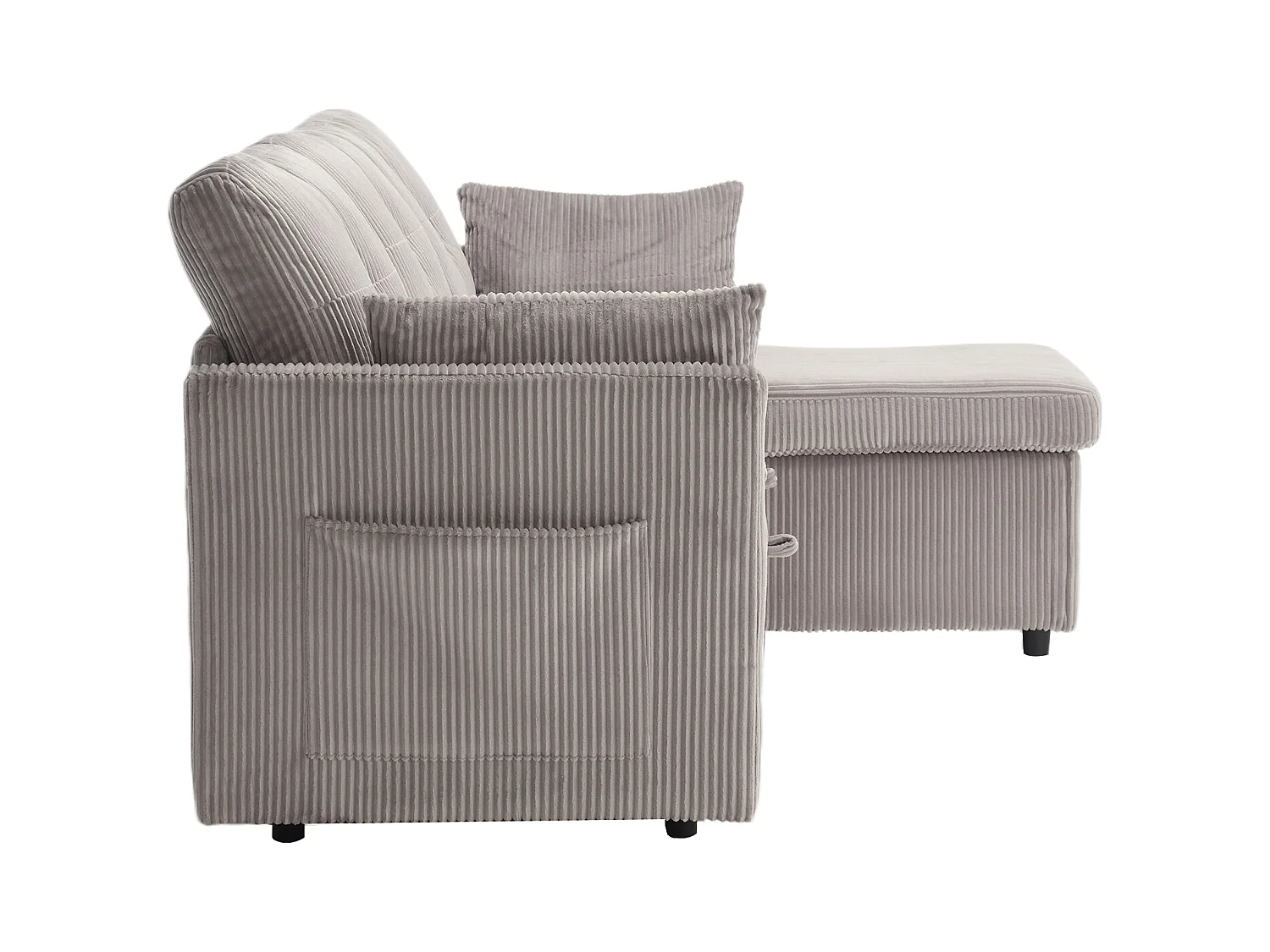 Canapé d'angle convertible, peluche gris, avec rangement et méridienne gigogne - pour salon ou studio