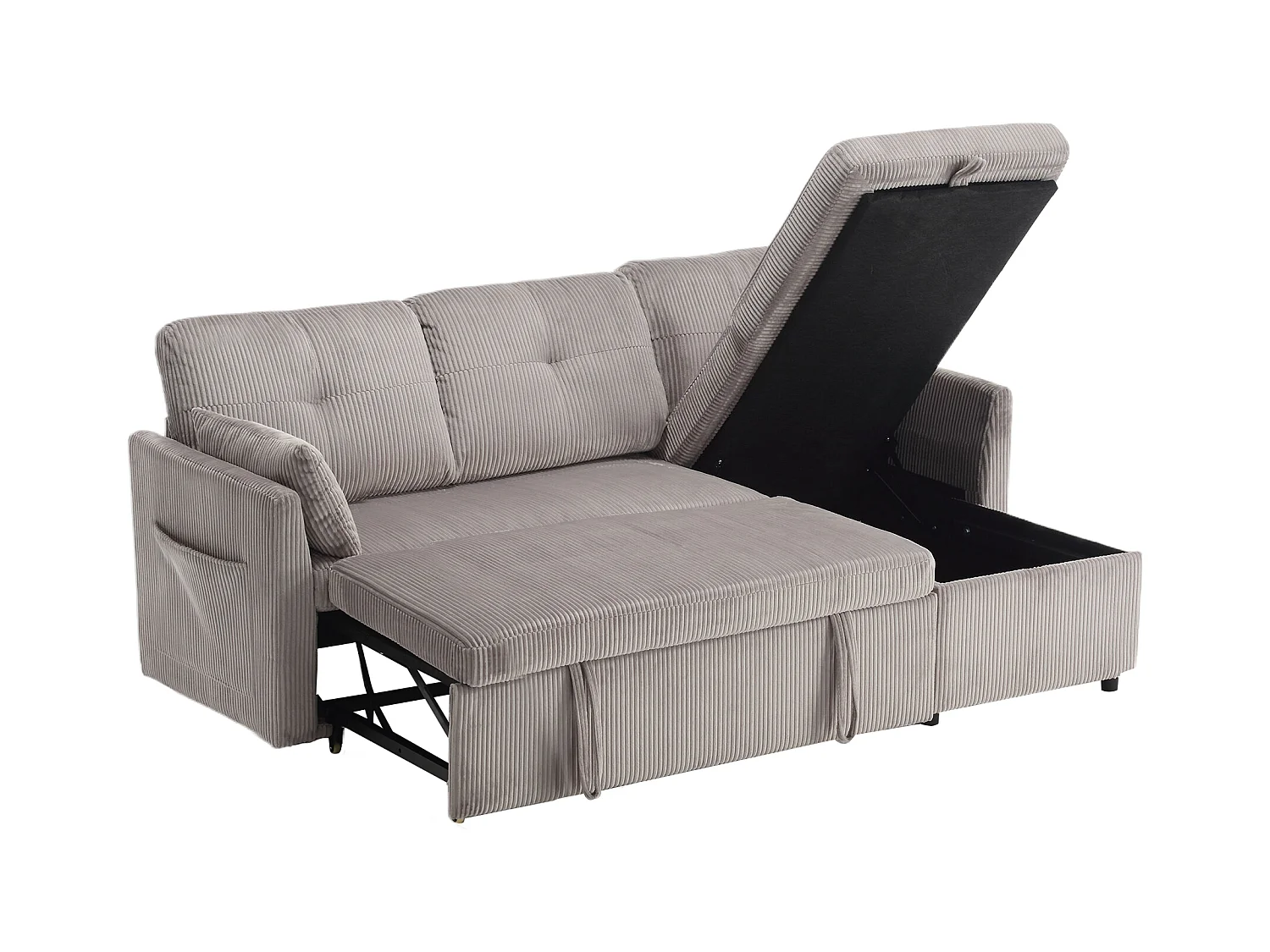 Canapé d'angle convertible, peluche gris, avec rangement et méridienne gigogne - pour salon ou studio