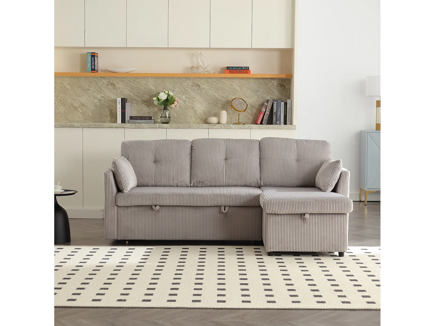 Canapé d'angle convertible, peluche gris, avec rangement et méridienne gigogne - pour salon ou studio